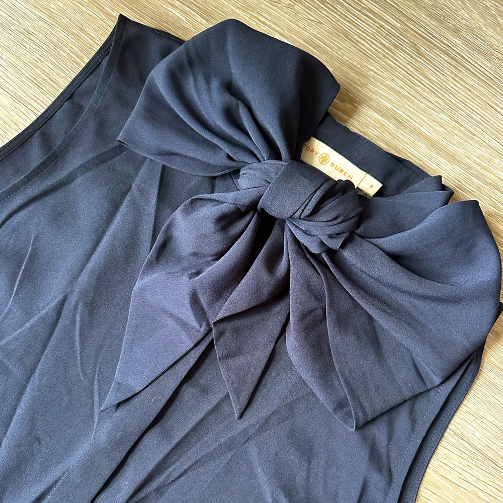 Tory Burch Navy Blue Bow Tie Neck Sleeveless Blouse Top